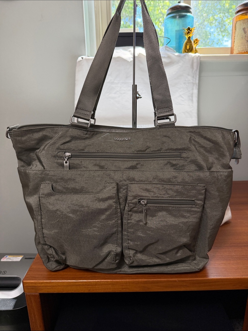 Baggallini Metallic Olive Tote with Front Zip Pockets